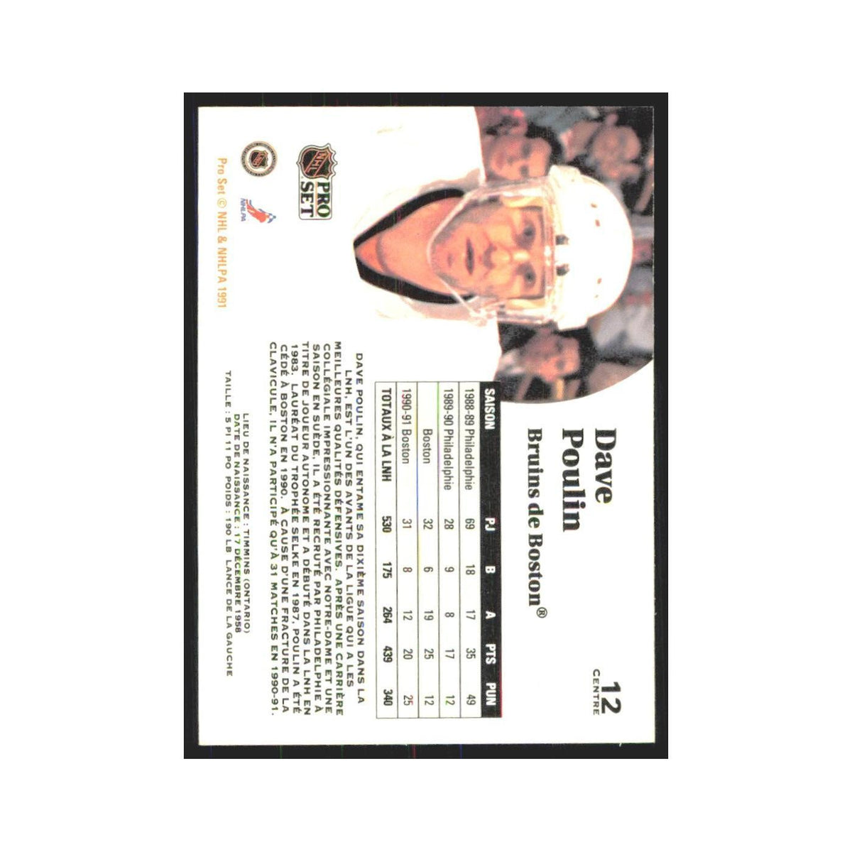 1991 Pro Set Dave Poulin Boston Bruins #12