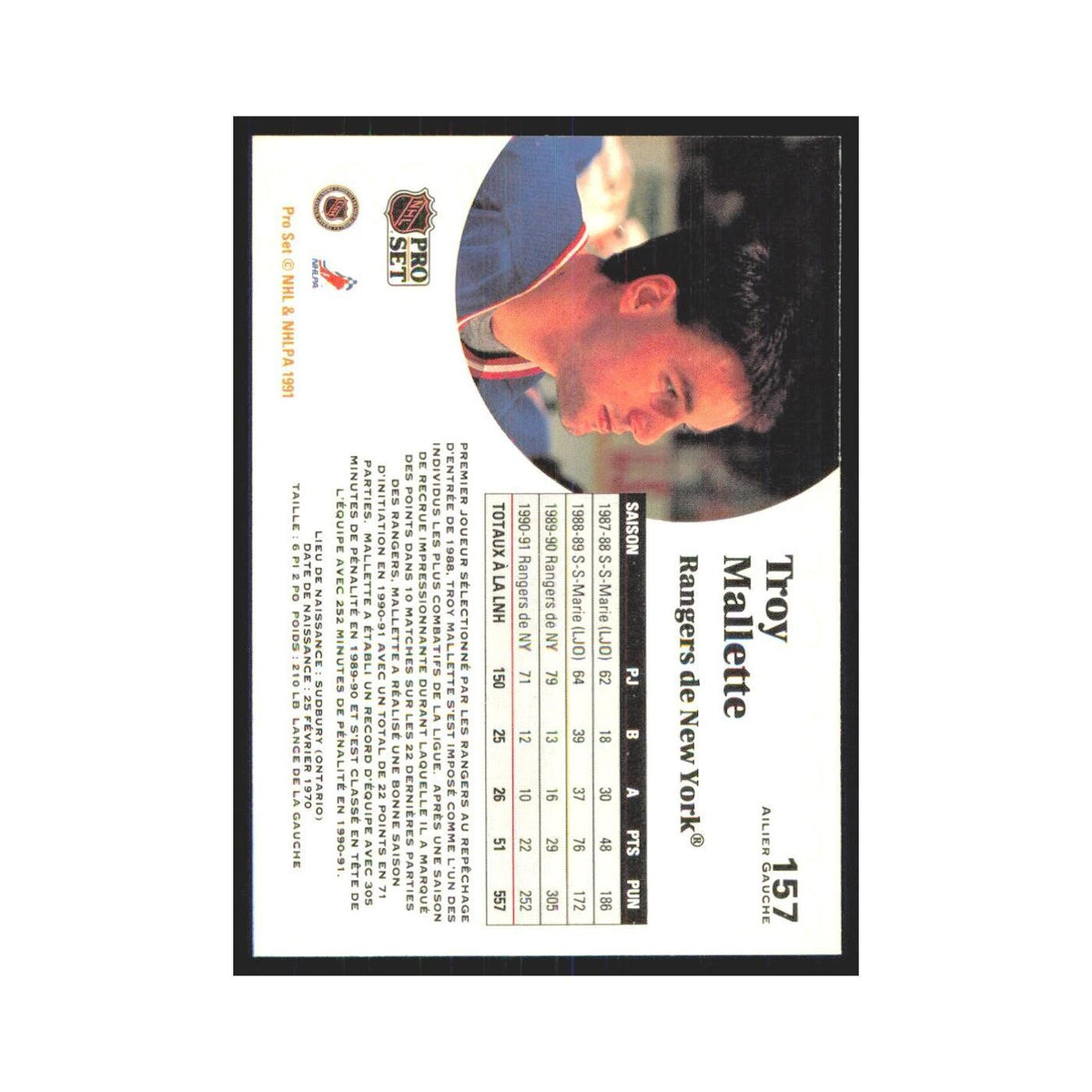 1991 Pro Set Troy Mallette New York Rangers #157