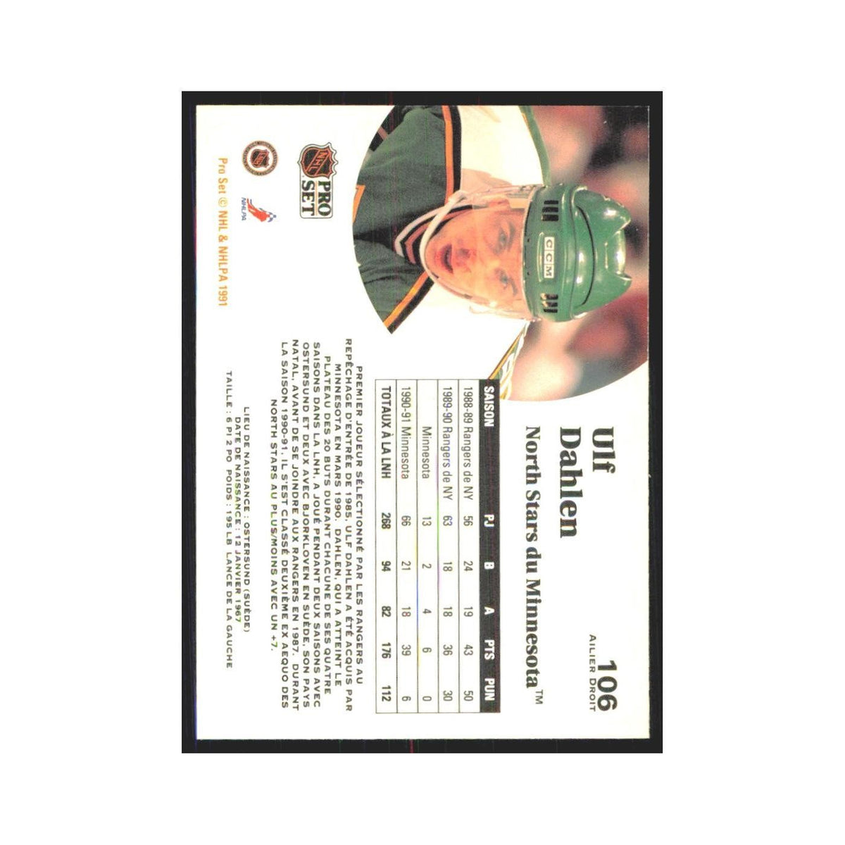 1991 Pro Set Ulf Dahlen Minnesota North Stars #106