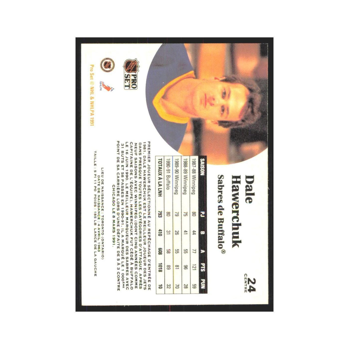 1991 Pro Set Dale Hawerchuk Buffalo Sabres #24