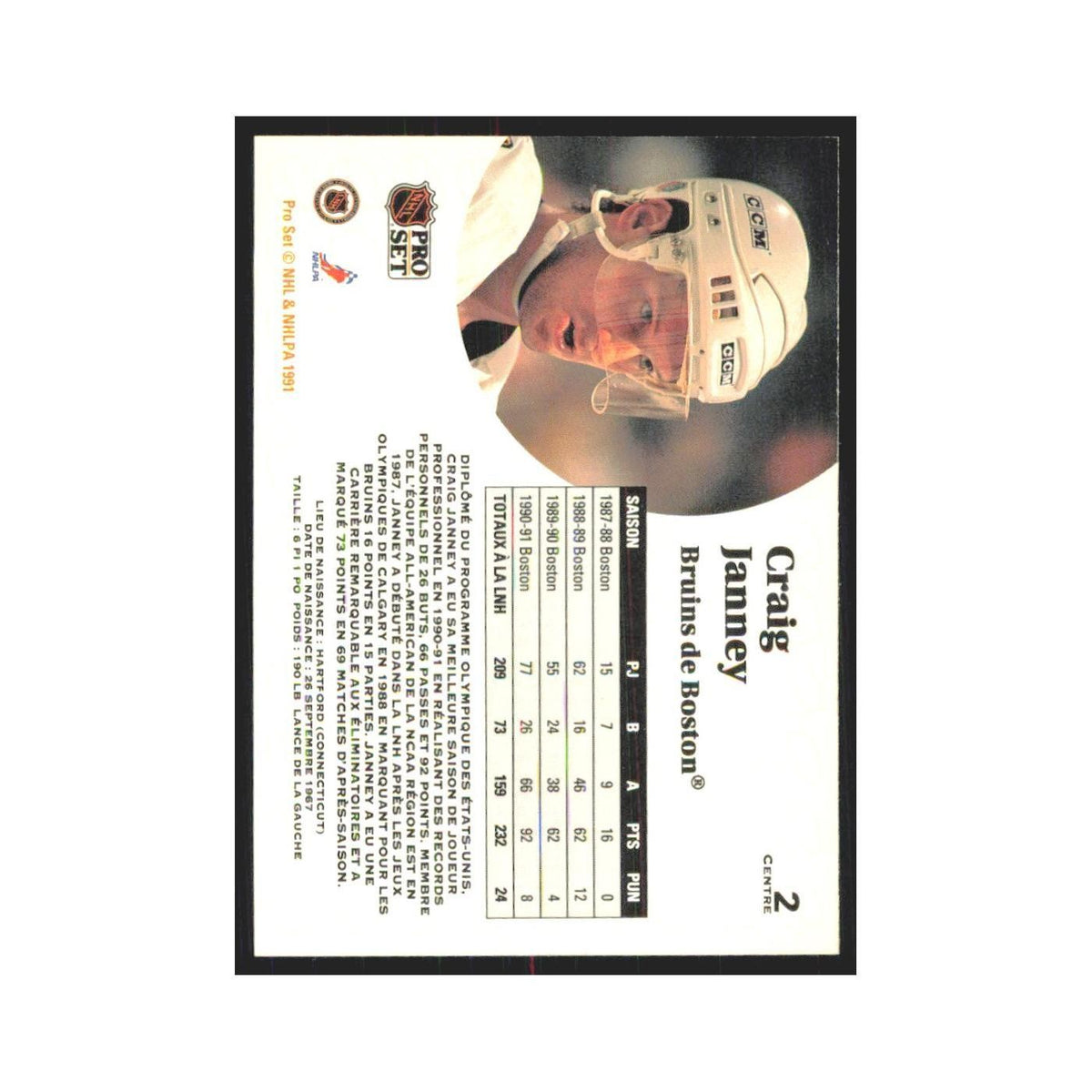 1991 Pro Set Craig Janney Boston Bruins #2