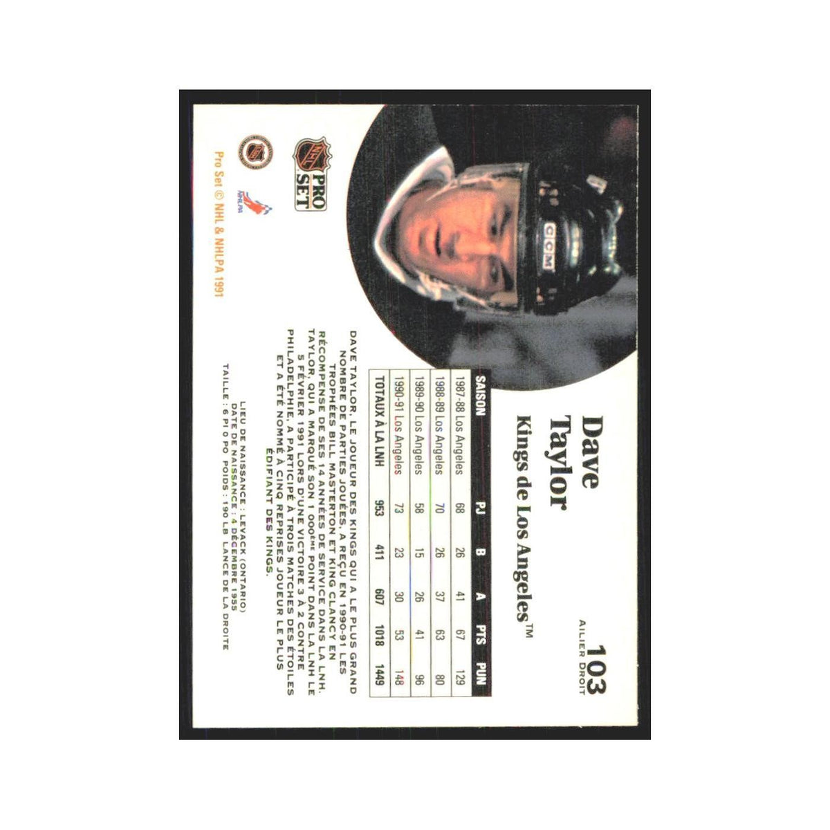 1991 Pro Set Dave Taylor Los Angeles Kings #103