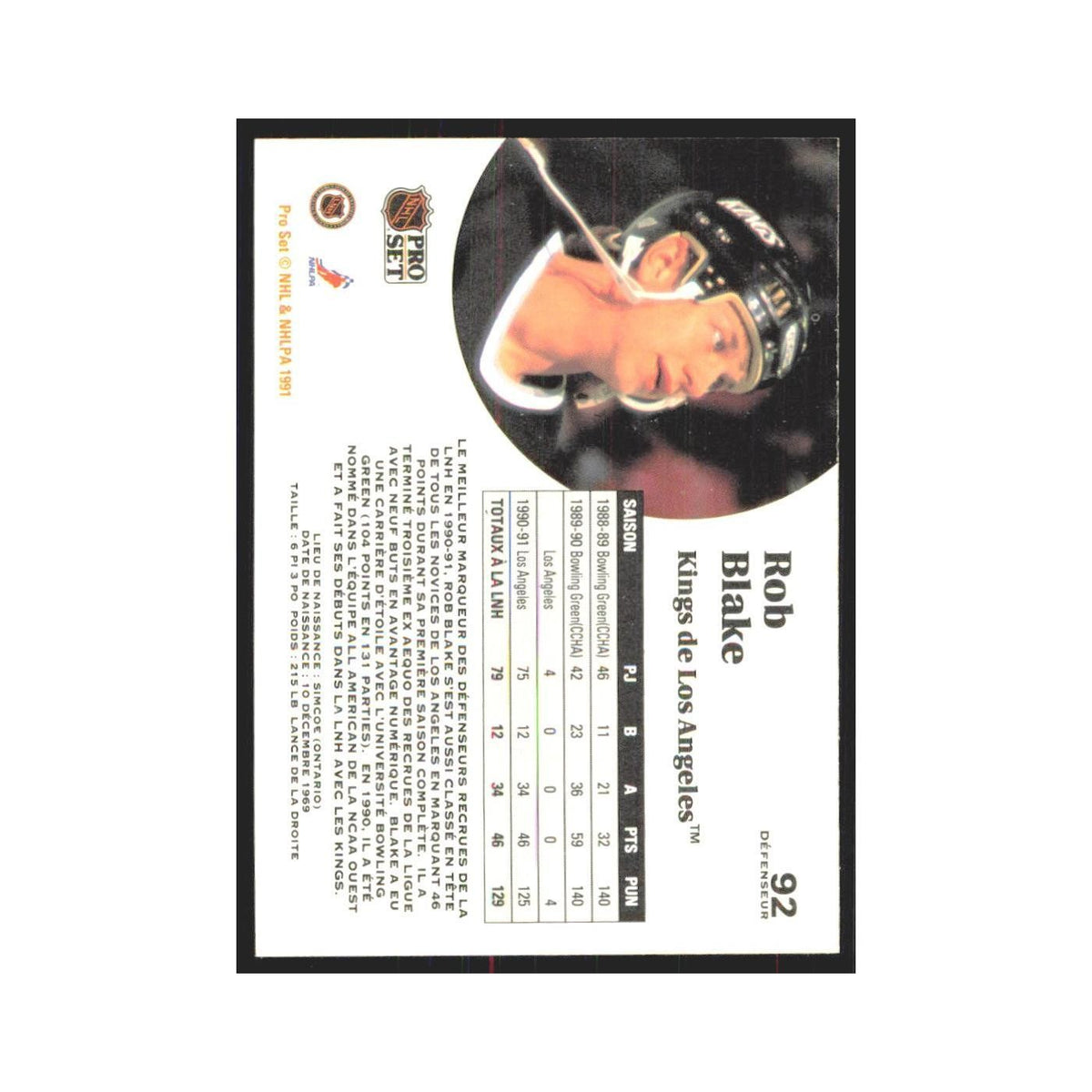1991 Pro Set Rob Blake Los Angeles Kings #92
