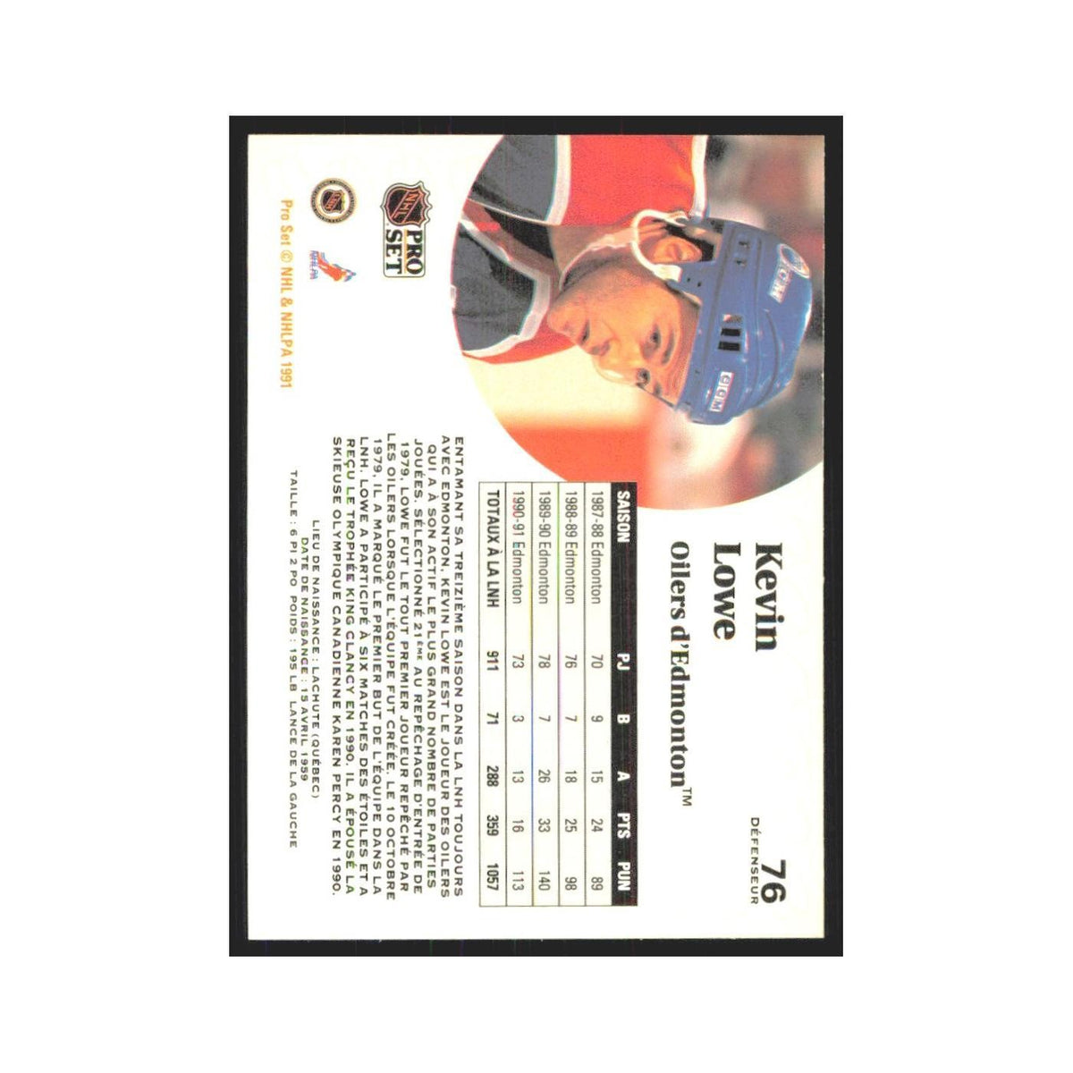 1991 Pro Set Kevin Lowe Edmonton Oilers #76