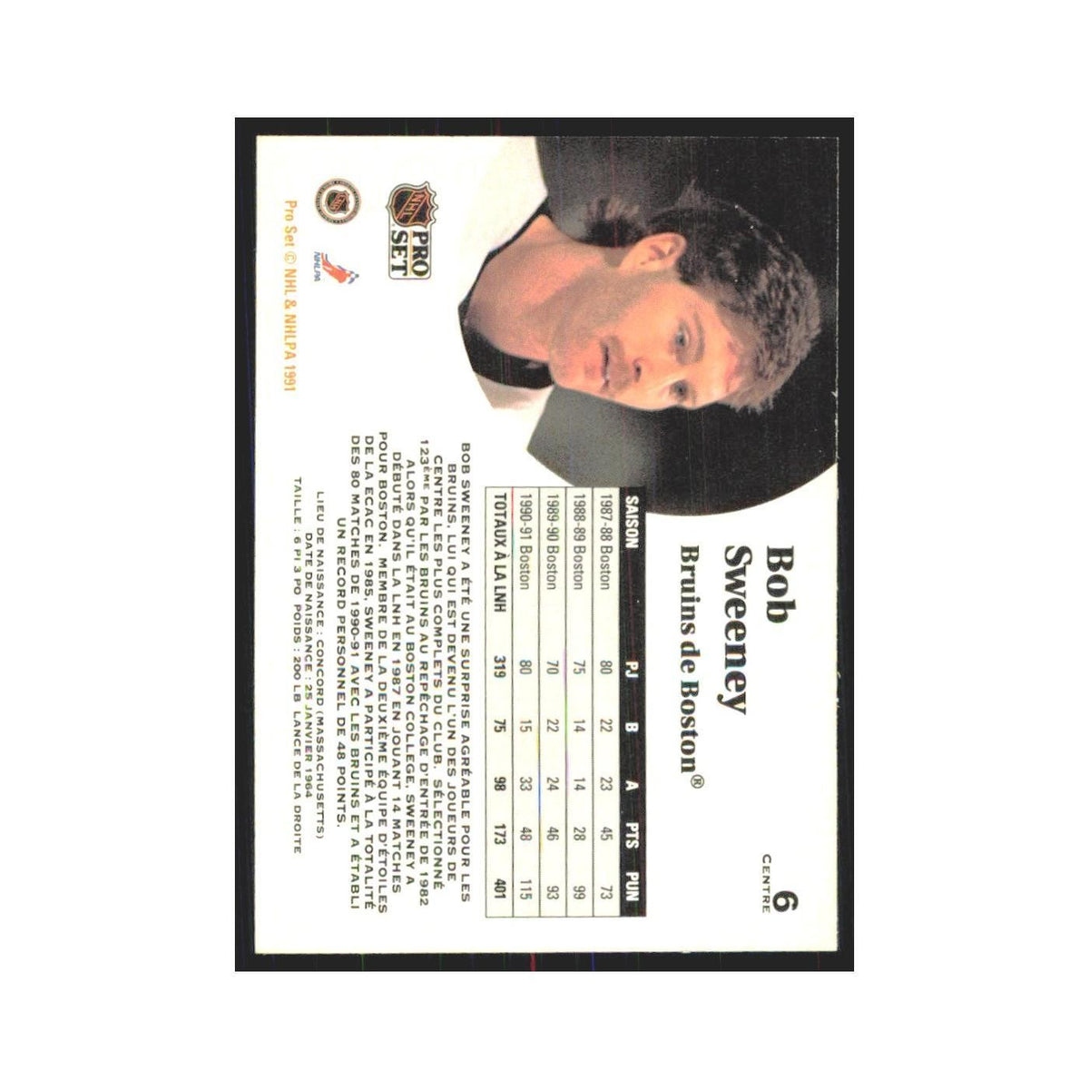 1991 Pro Set Bob Sweeney Boston Bruins #6