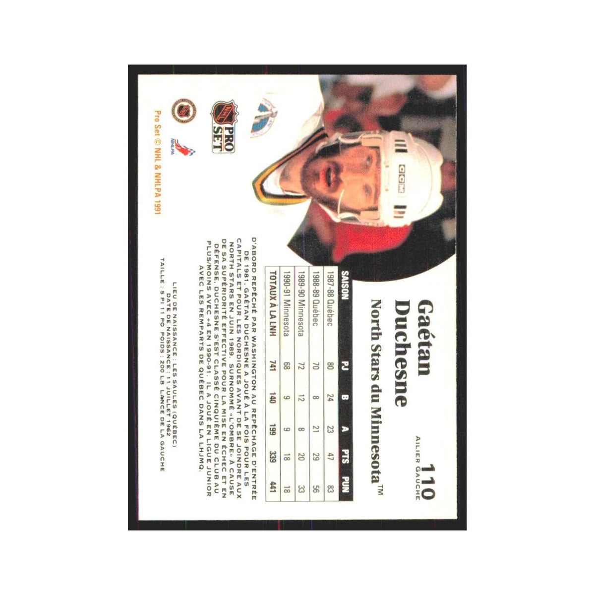 1991 Pro Set Gaetan Duchesne Minnesota North Stars #110