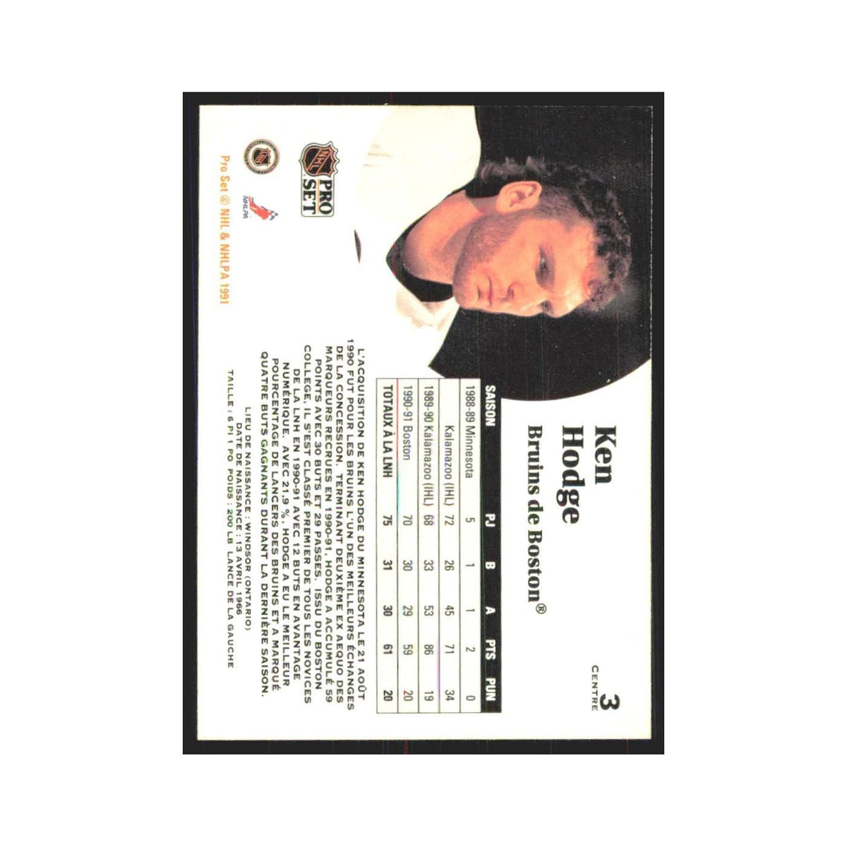 1991 Pro Set Ken Hodge Boston Bruins #3