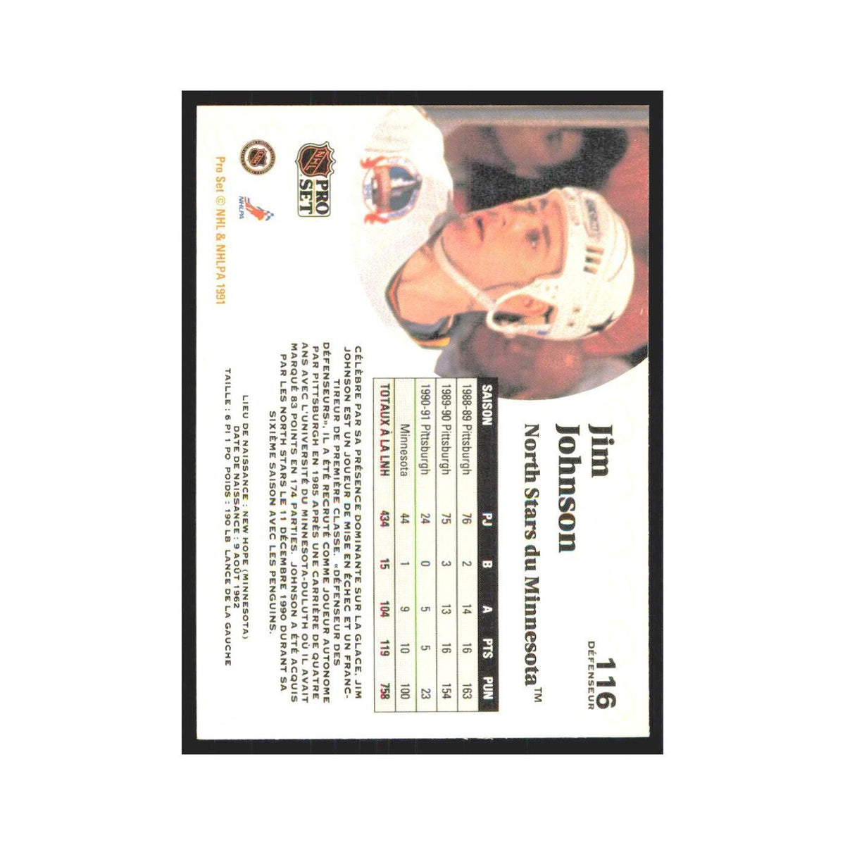 1991 Pro Set Jim Johnson Minnesota North Stars #116