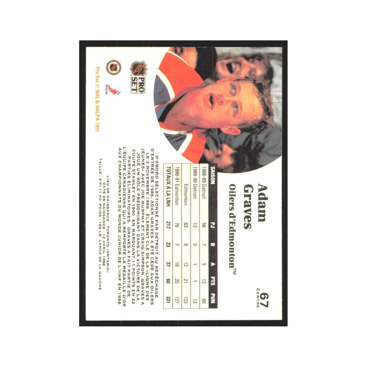 1991 Pro Set Adam Graves Edmonton Oilers #67
