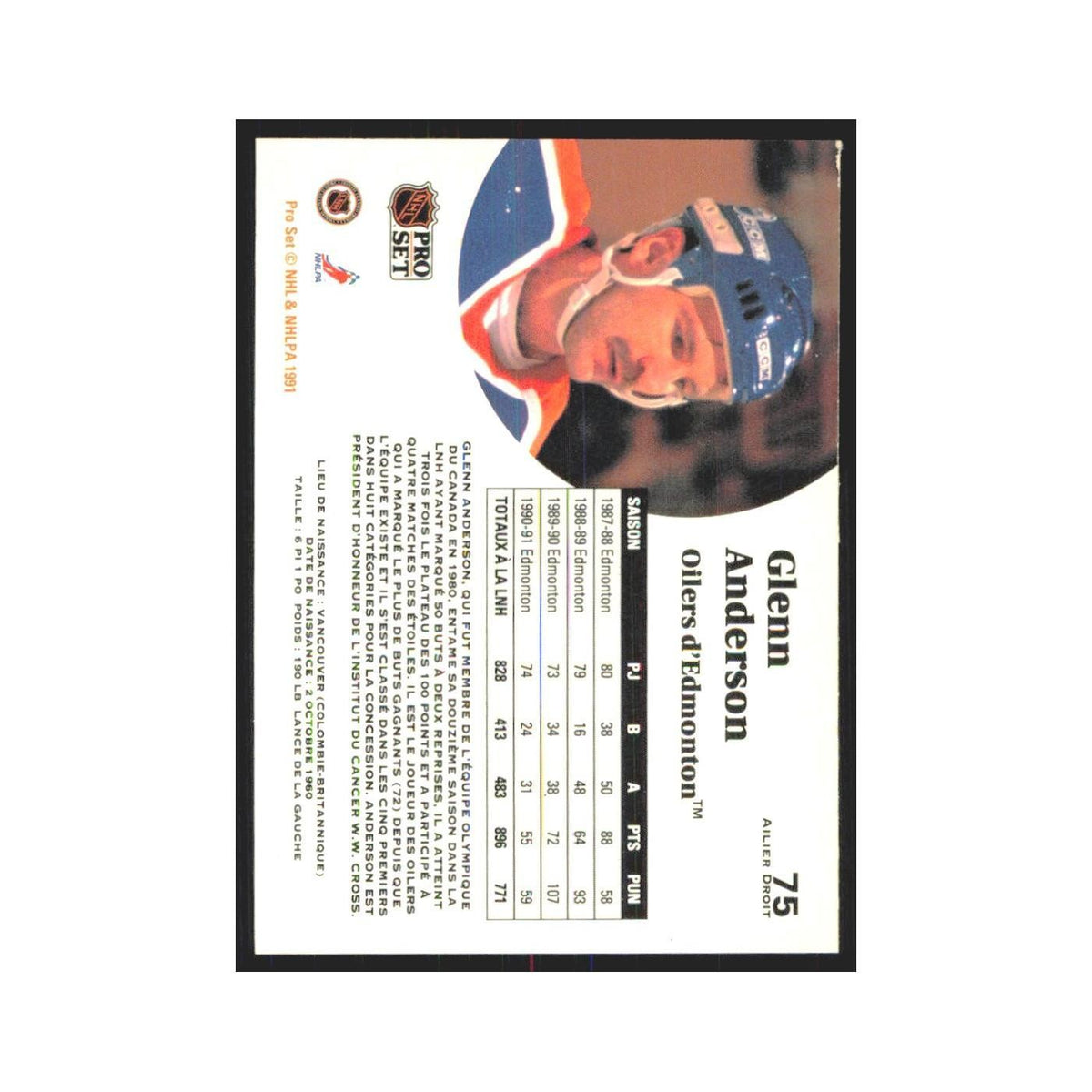 1991 Pro Set Glenn Anderson Edmonton Oilers #75