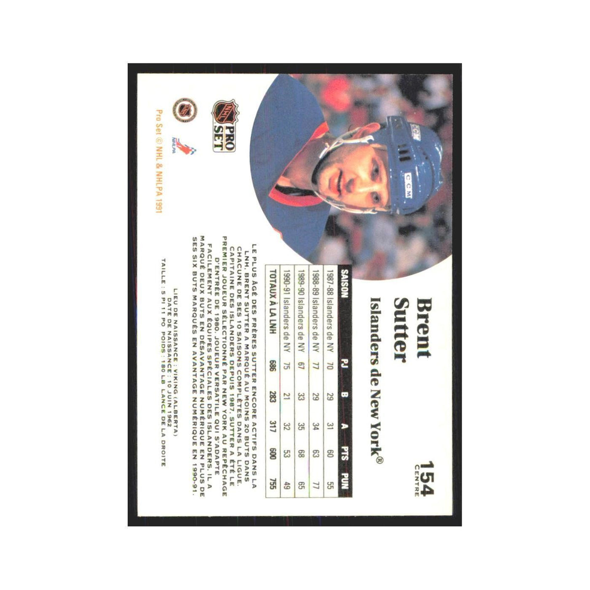 1991 Pro Set Brent Sutter New York Islanders #154