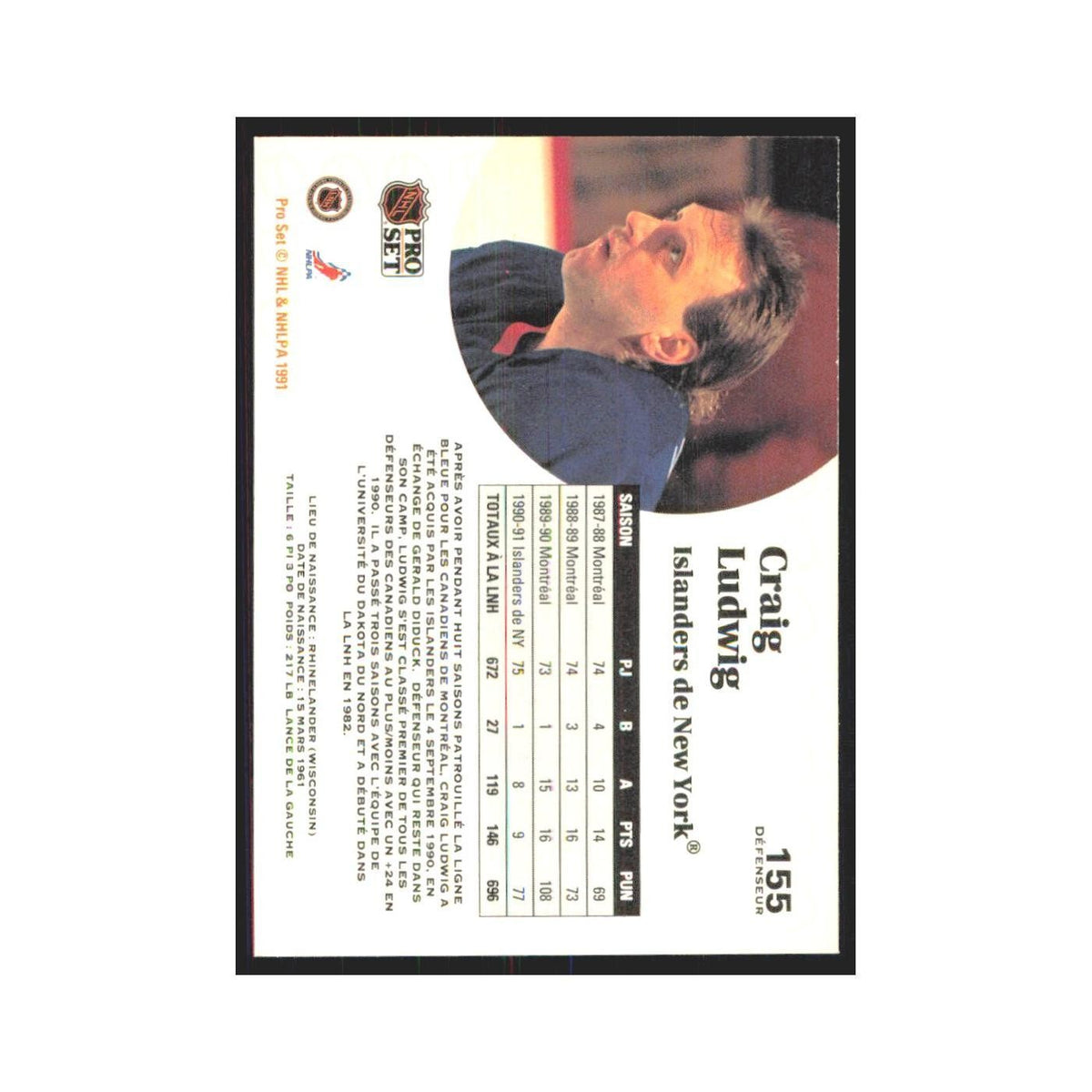 1991 Pro Set Craig Ludwig Minnesota North Stars #155