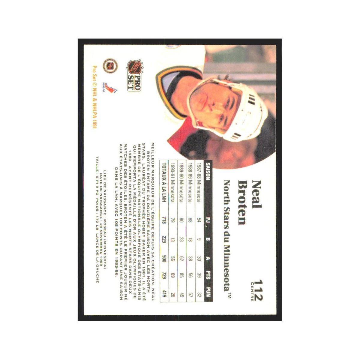1991 Pro Set Neal Broten Minnesota North Stars #112