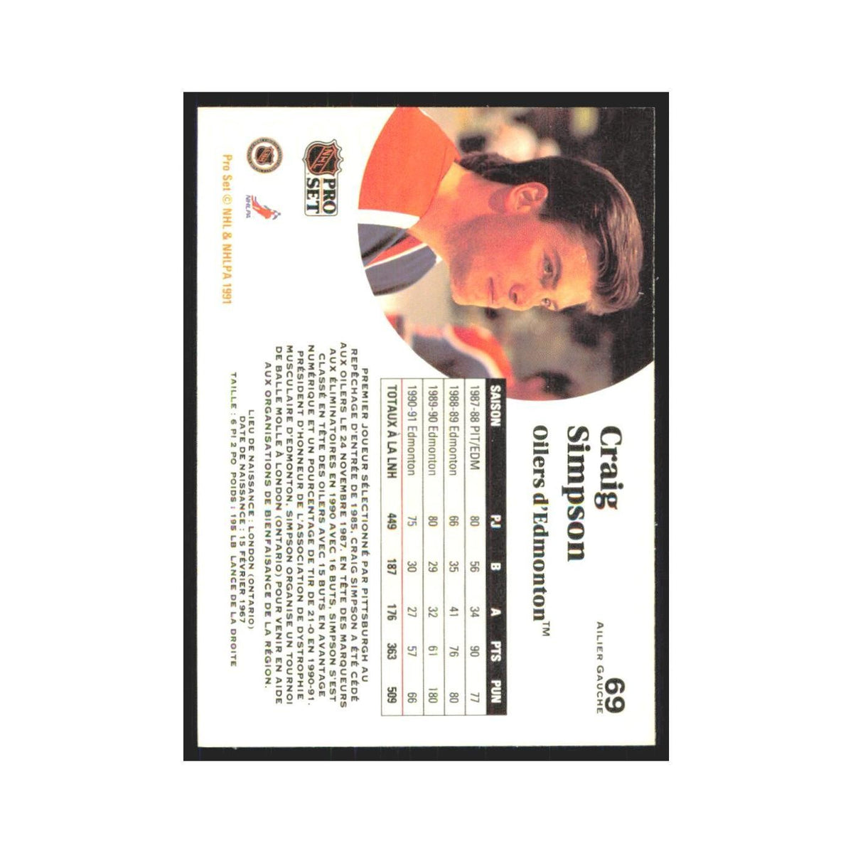 1991 Pro Set Craig Simpson Edmonton Oilers #69
