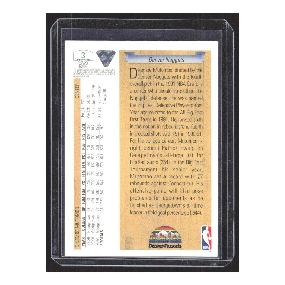 1991 Upper Deck Dikembe Mutombo RC Nuggets #3