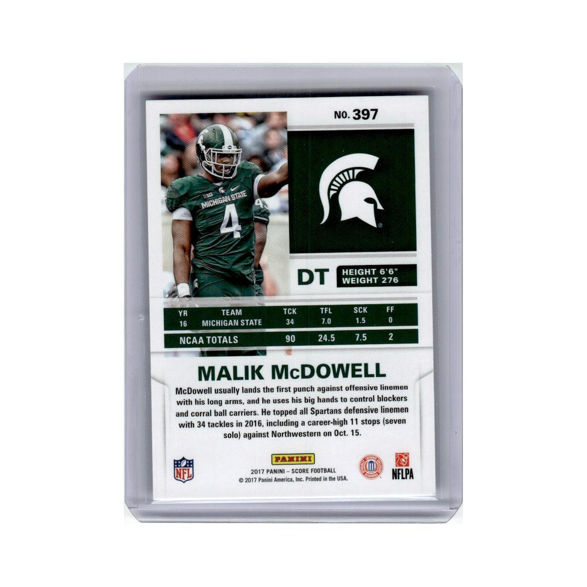 Malik McDowell 2017 Score #397 Michigan State Spartans Football Card NM