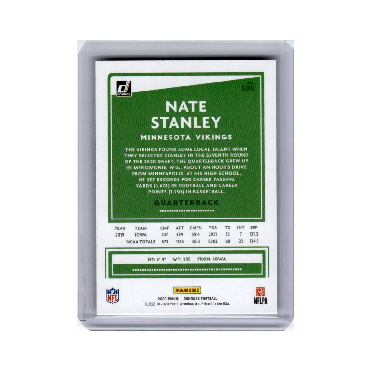 Nate Stanley 2020 Donruss #300 Minnesota Vikings Football Card NM