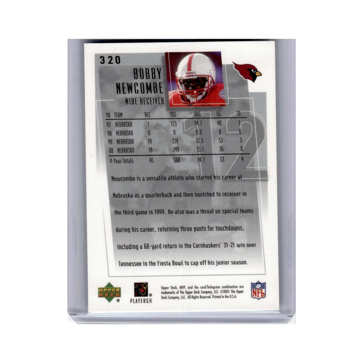Bobby Newcombe 2001 Upper Deck MVP #320 Arizona Cardinals Football Card NM