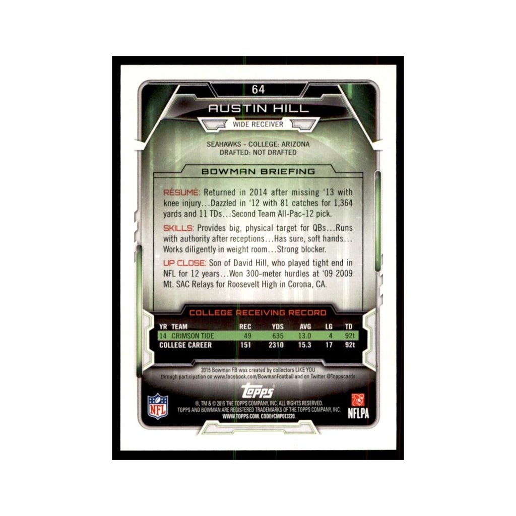 2015 Bowman Austin Hill RC Football Cards #64