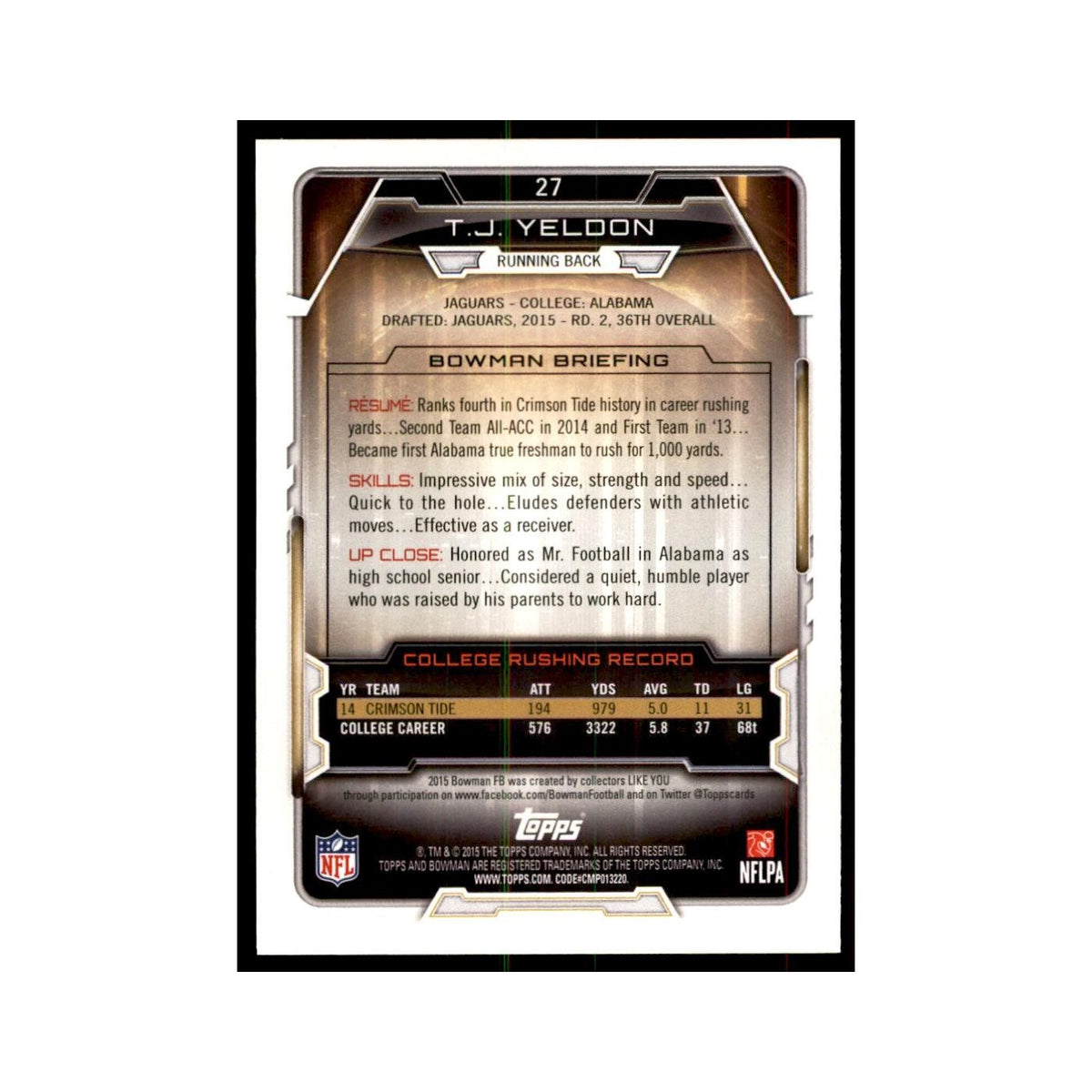 2015 Bowman T.J. Yeldon RC Football Cards #27