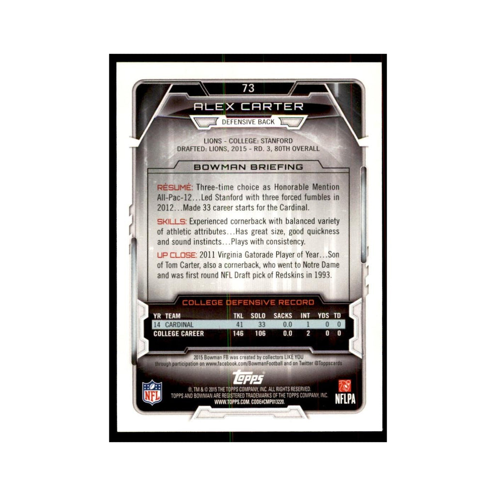 2015 Bowman Alex Carter RC Football Cards #73