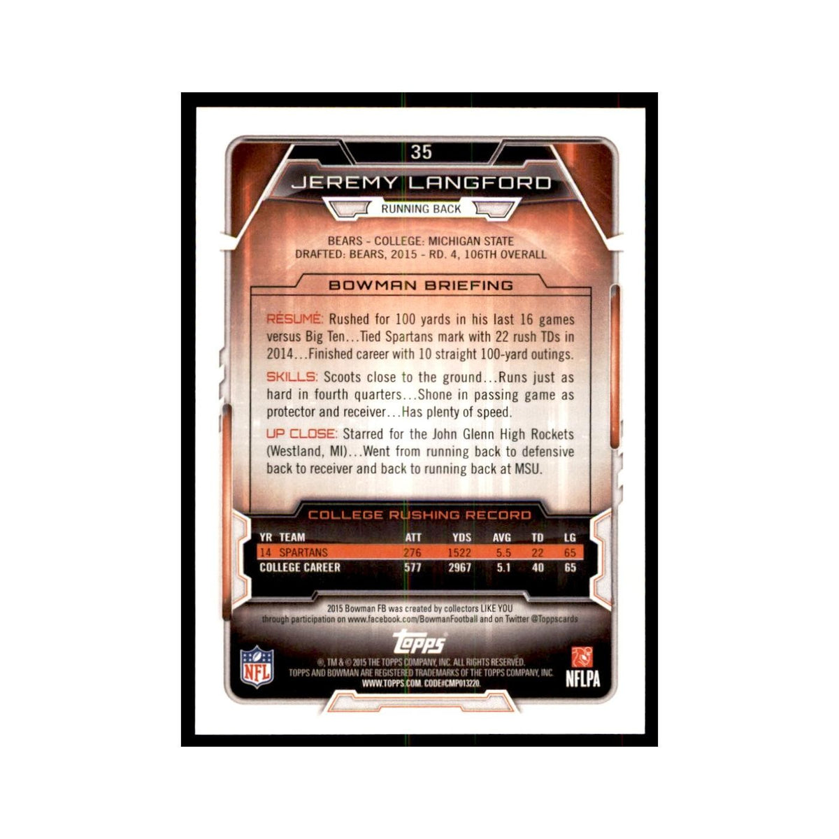 2015 Bowman Jeremy Langford RC Football Cards #35
