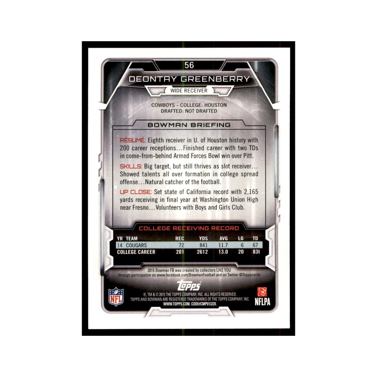 2015 Bowman Deontay Greenberry RC Football Cards #56