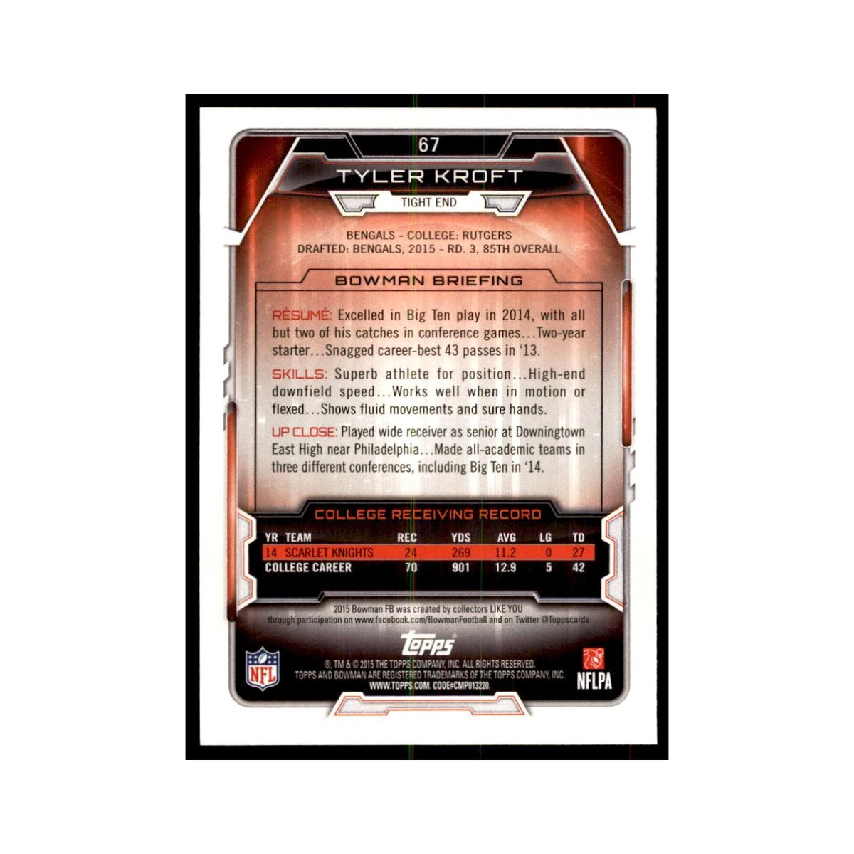2015 Bowman Tyler Kroft RC Football Cards #67
