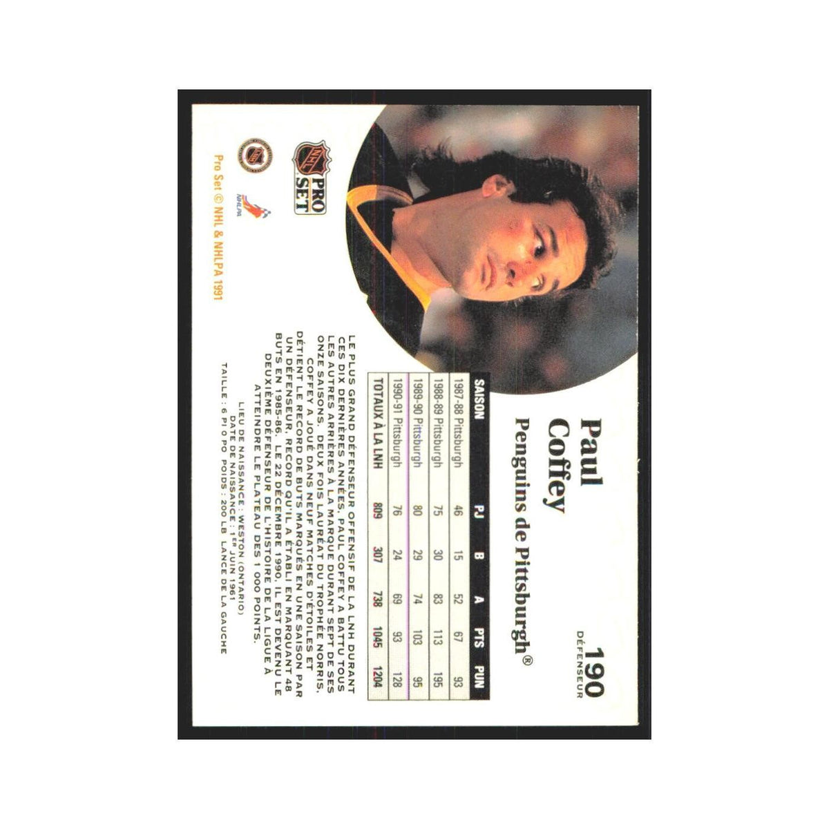 1991 Pro Set Paul Coffey Pittsburgh Penguins #190