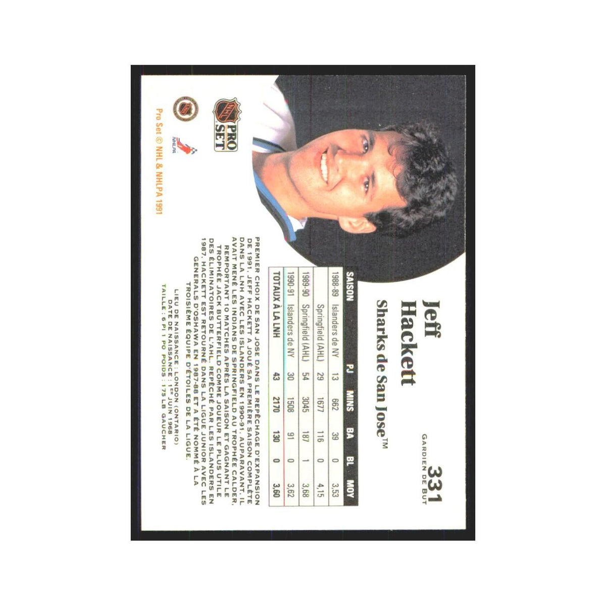 1991 Pro Set Jeff Hackett San Jose Sharks #331