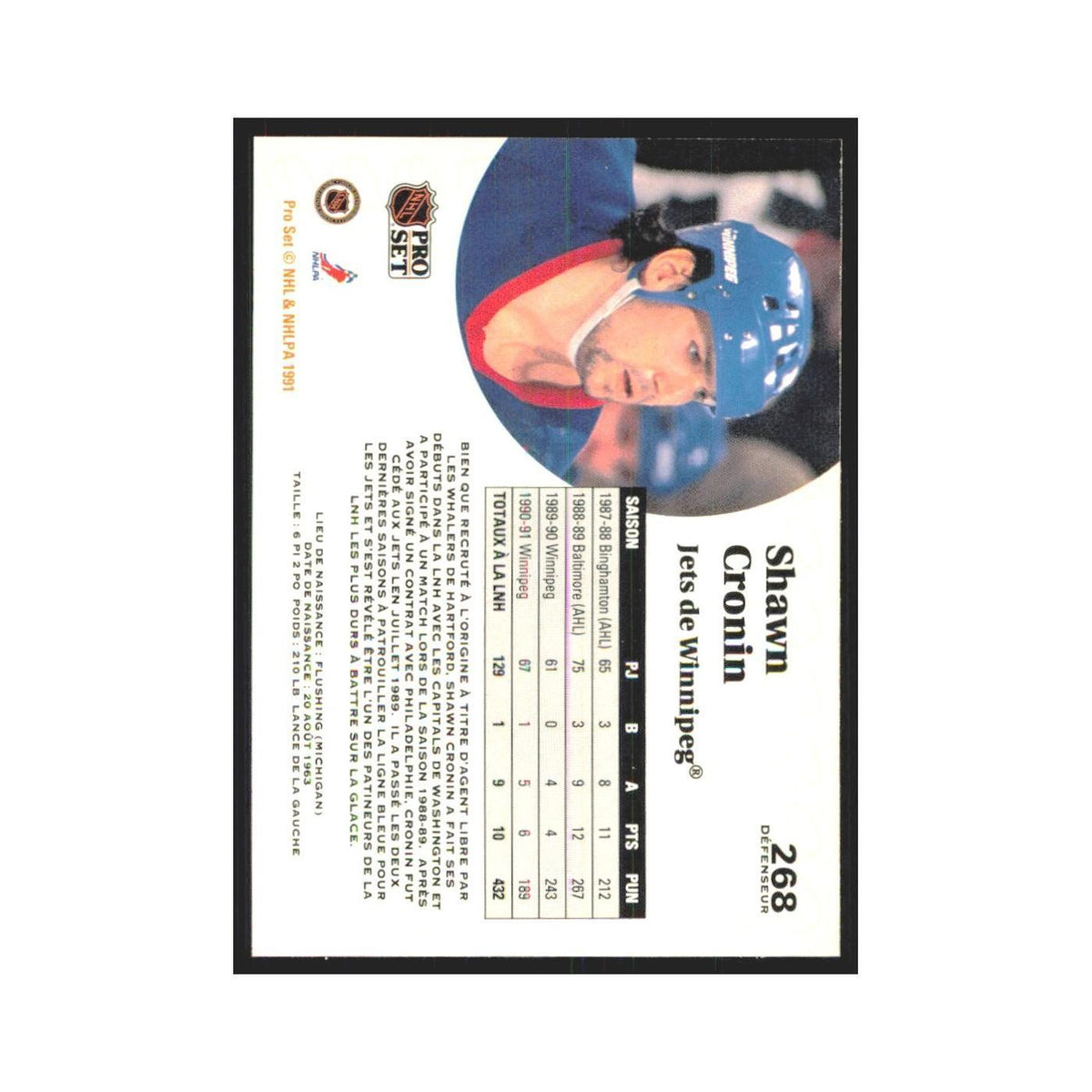 1991 Pro Set Shawn Cronin Winnipeg Jets #268