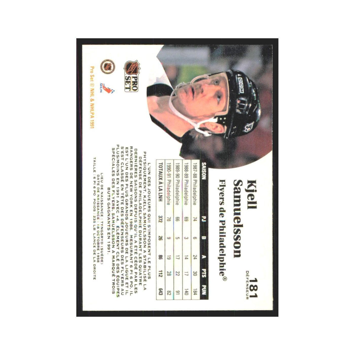 1991 Pro Set Kjell Samuelsson Philadelphia Flyers #181