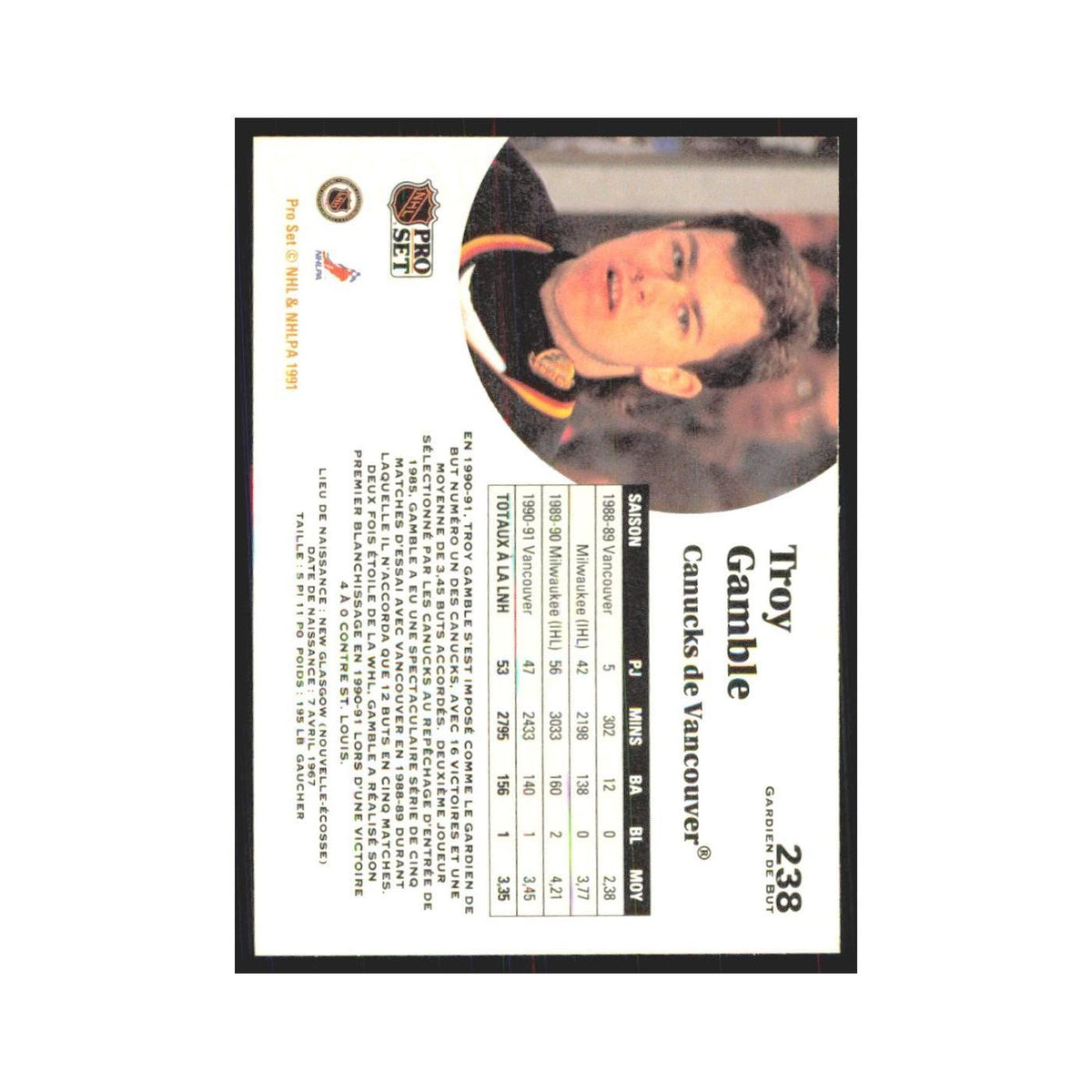 1991 Pro Set Troy Gamble Vancouver Canucks #238