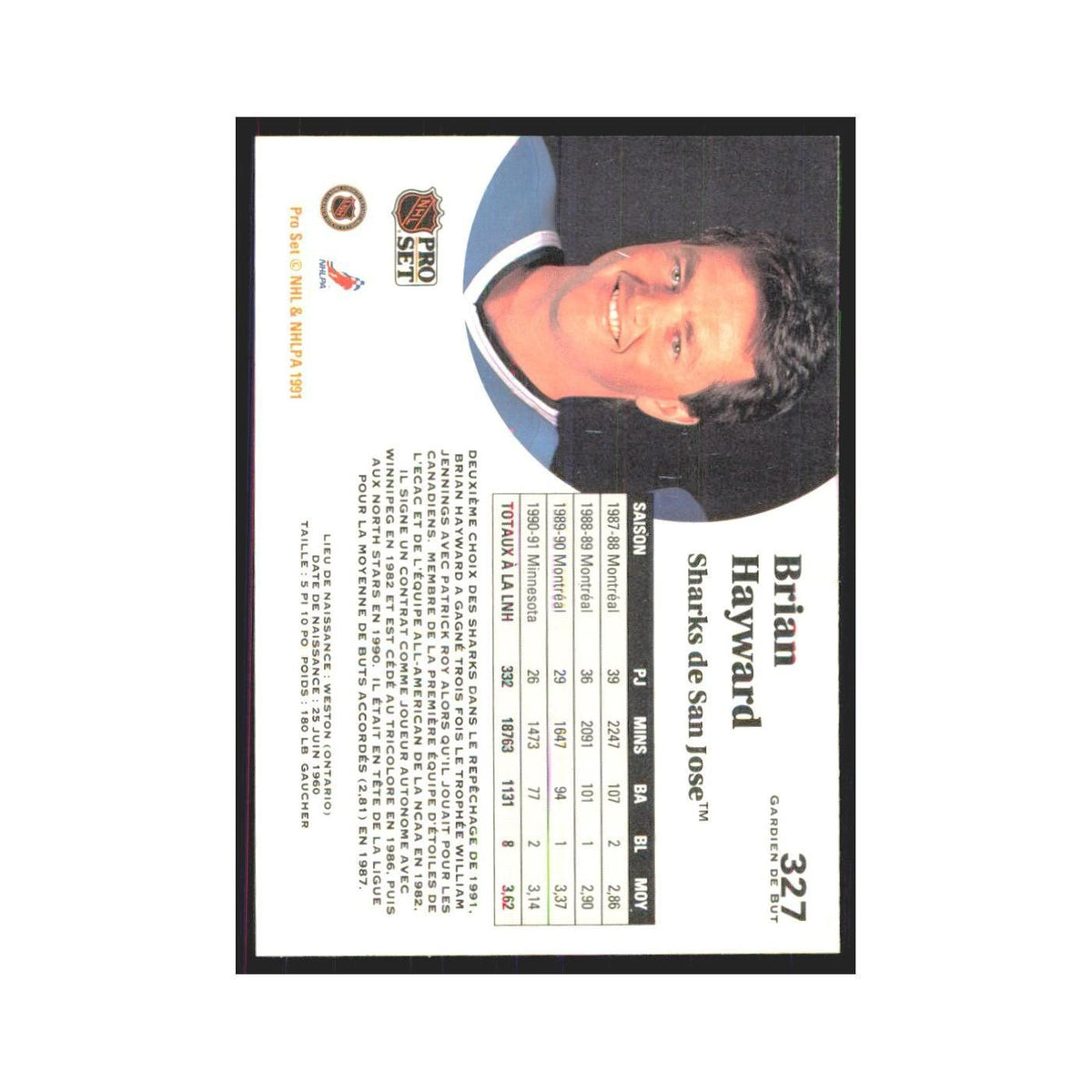 1991 Pro Set Brian Hayward San Jose Sharks #327