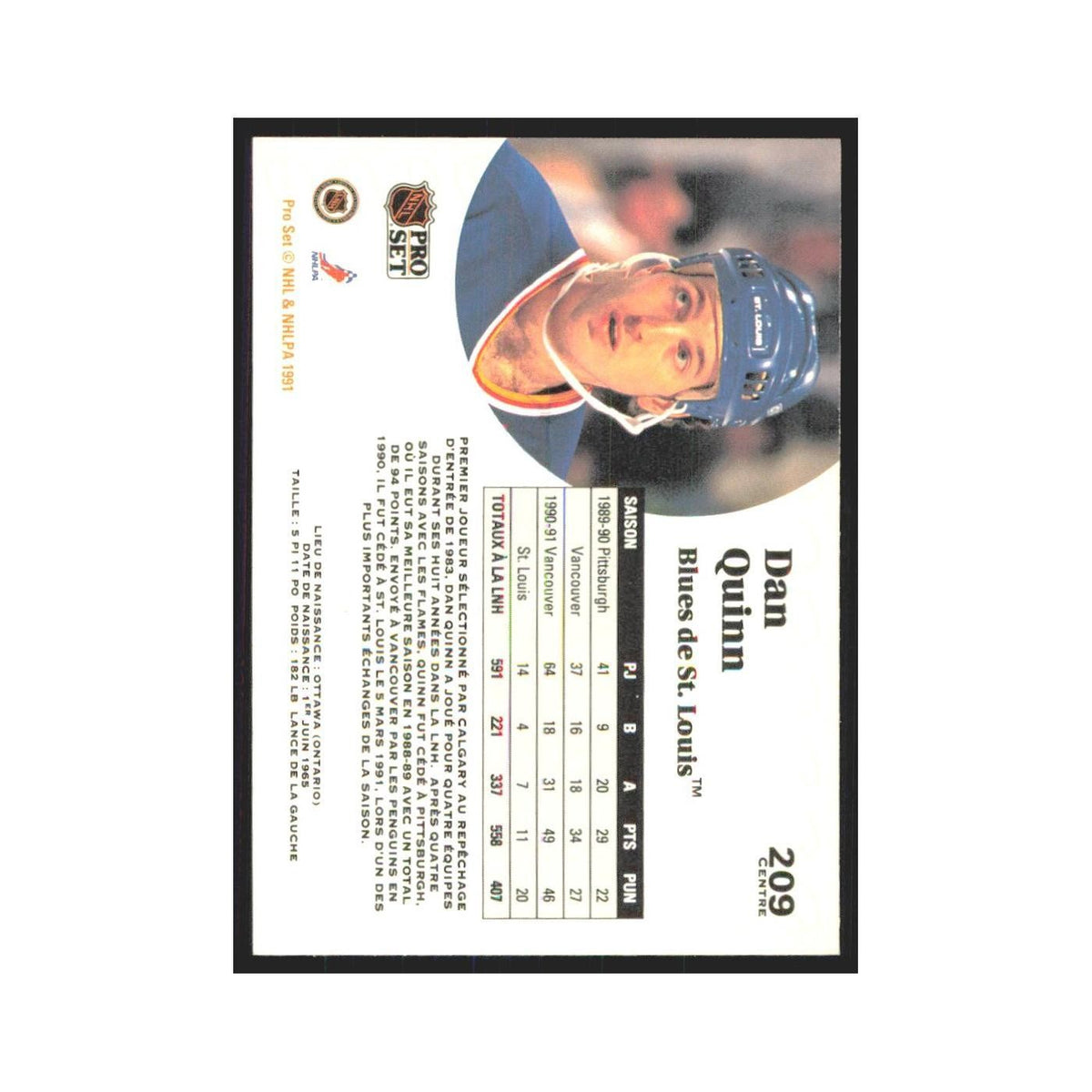 1991 Pro Set Dan Quinn St. Louis Blues #209