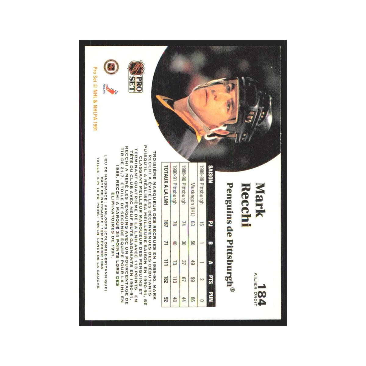 1991 Pro Set Mark Recchi Pittsburgh Penguins #184