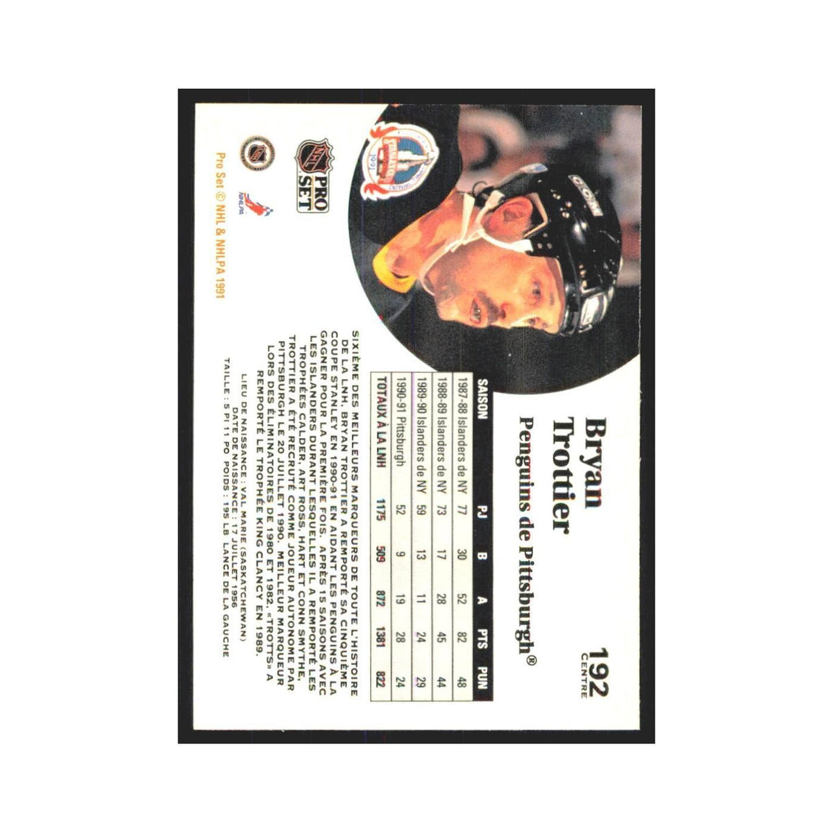 1991 Pro Set Bryan Trottier Pittsburgh Penguins #192