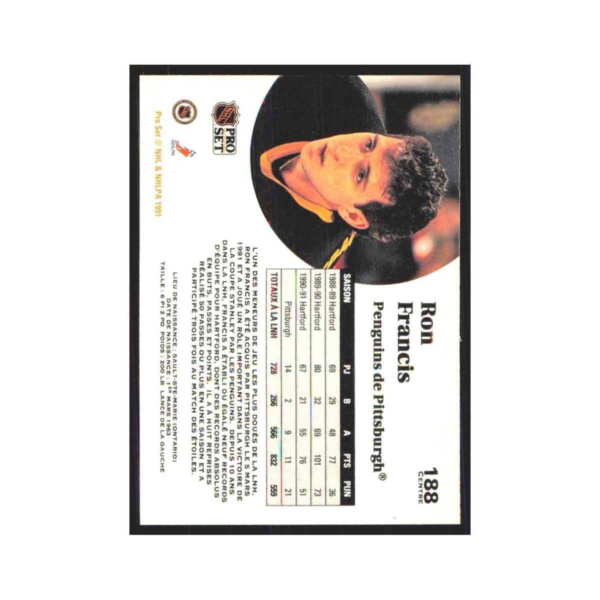 1991 Pro Set Ron Francis Pittsburgh Penguins #188