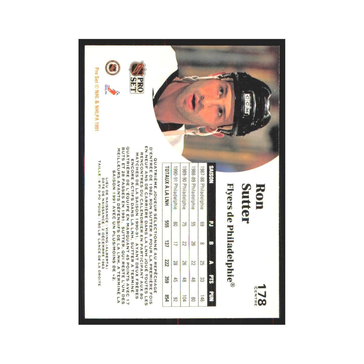 1991 Pro Set Ron Sutter Philadelphia Flyers #178