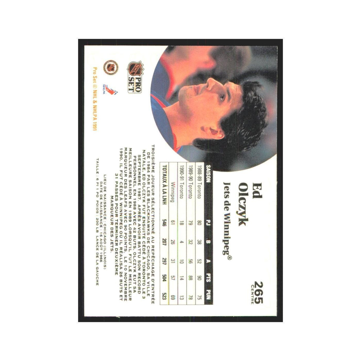 1991 Pro Set Ed Olczyk Winnipeg Jets #265
