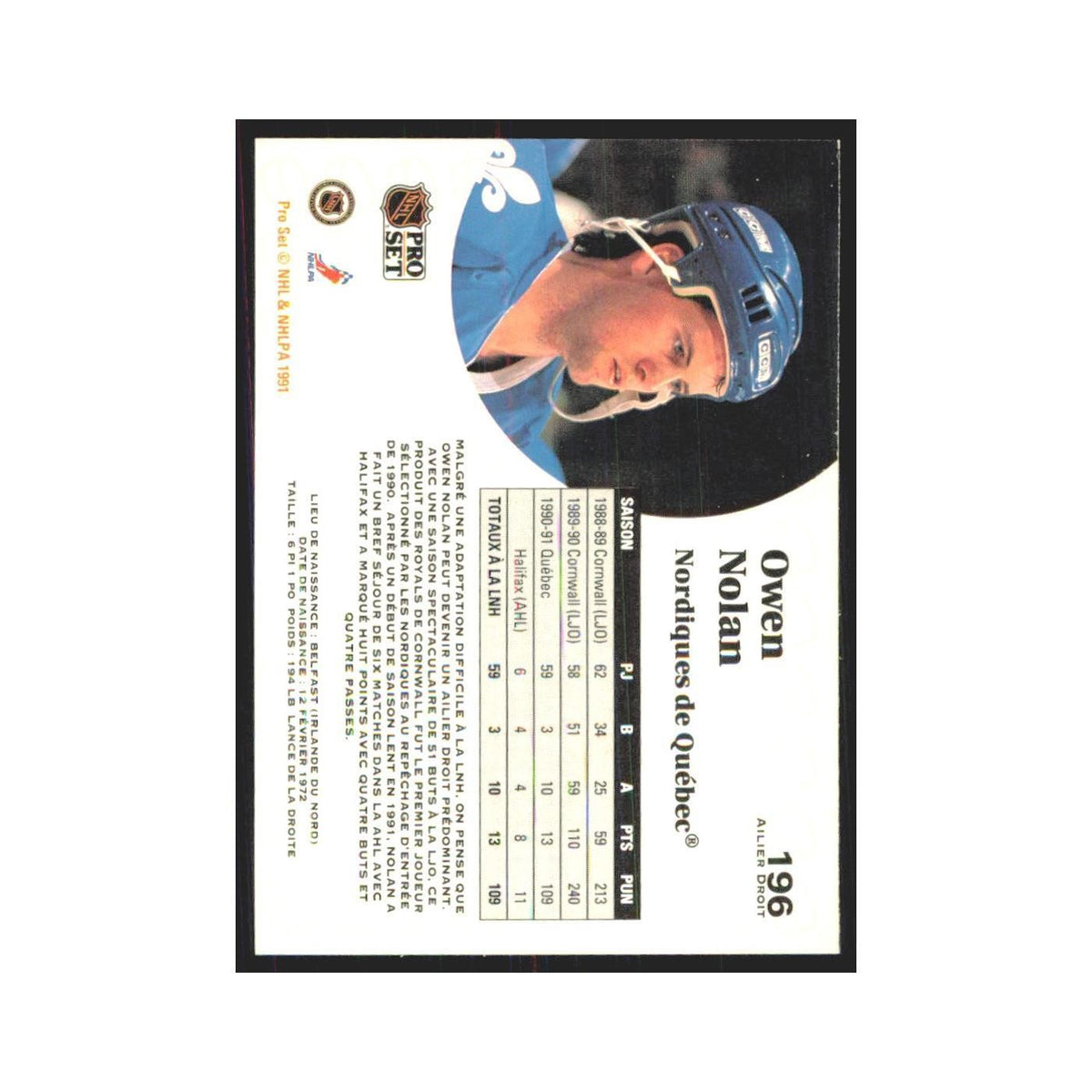 1991 Pro Set Owen Nolan Quebec Nordiques #196