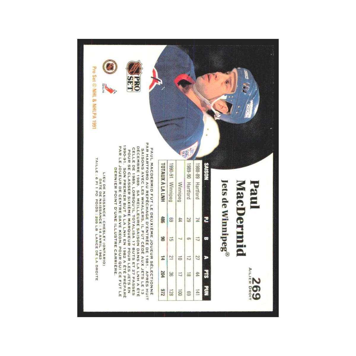 1991 Pro Set Paul MacDermid Winnipeg Jets #269