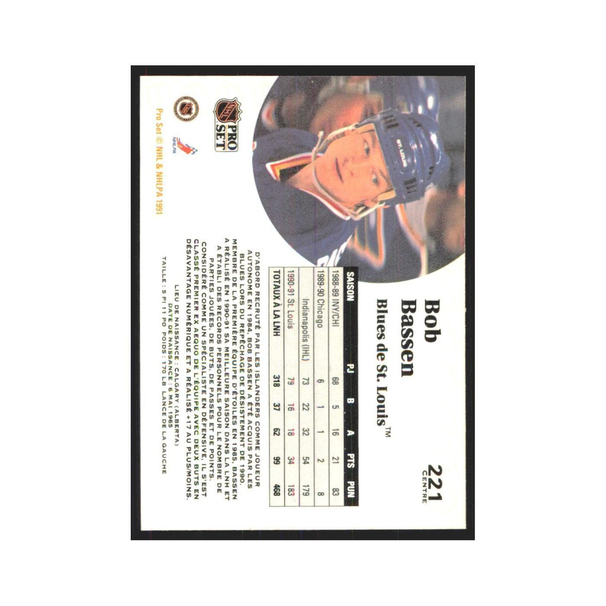 1991 Pro Set Bob Bassen St. Louis Blues #221