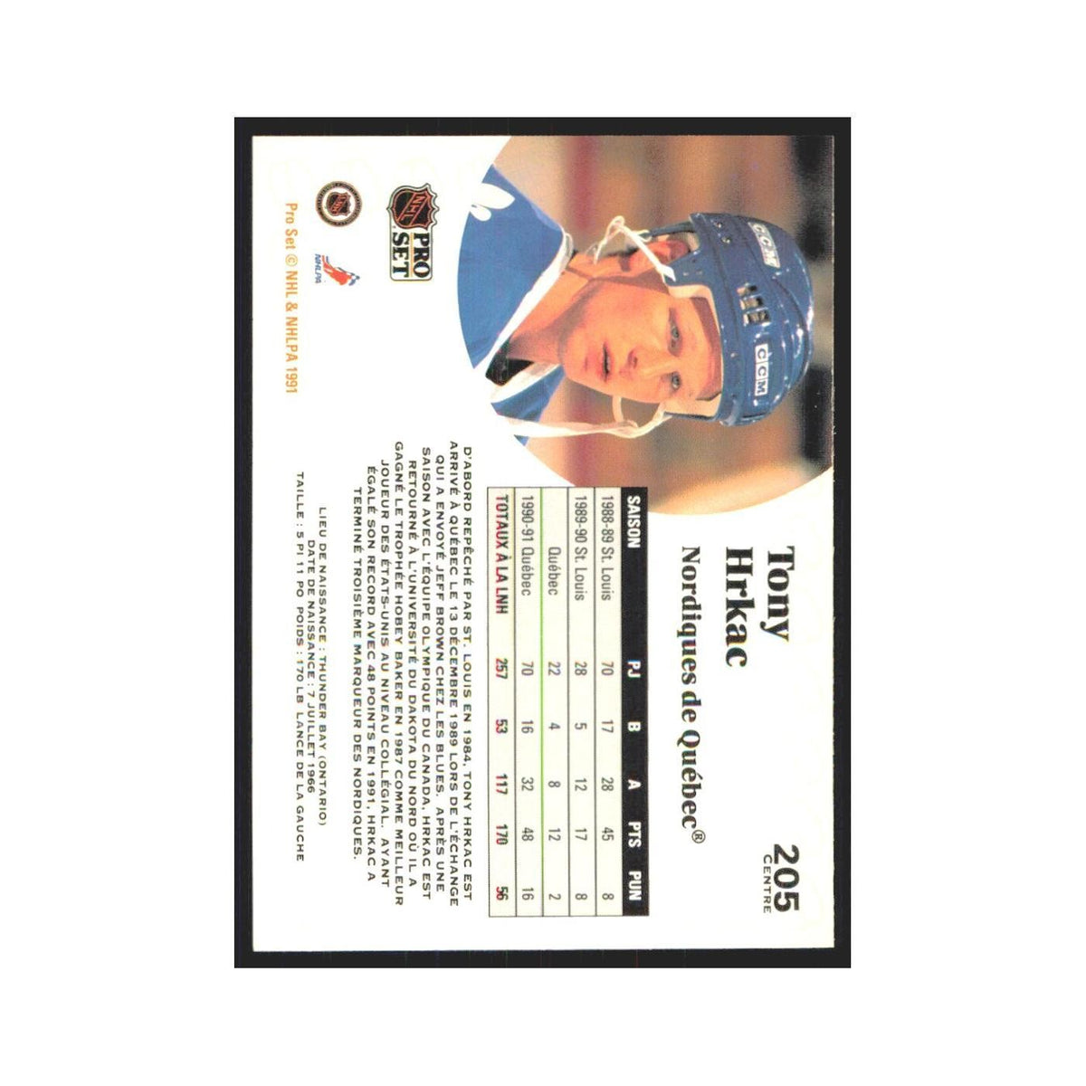 1991 Pro Set Tony Hrkac San Jose Sharks #205