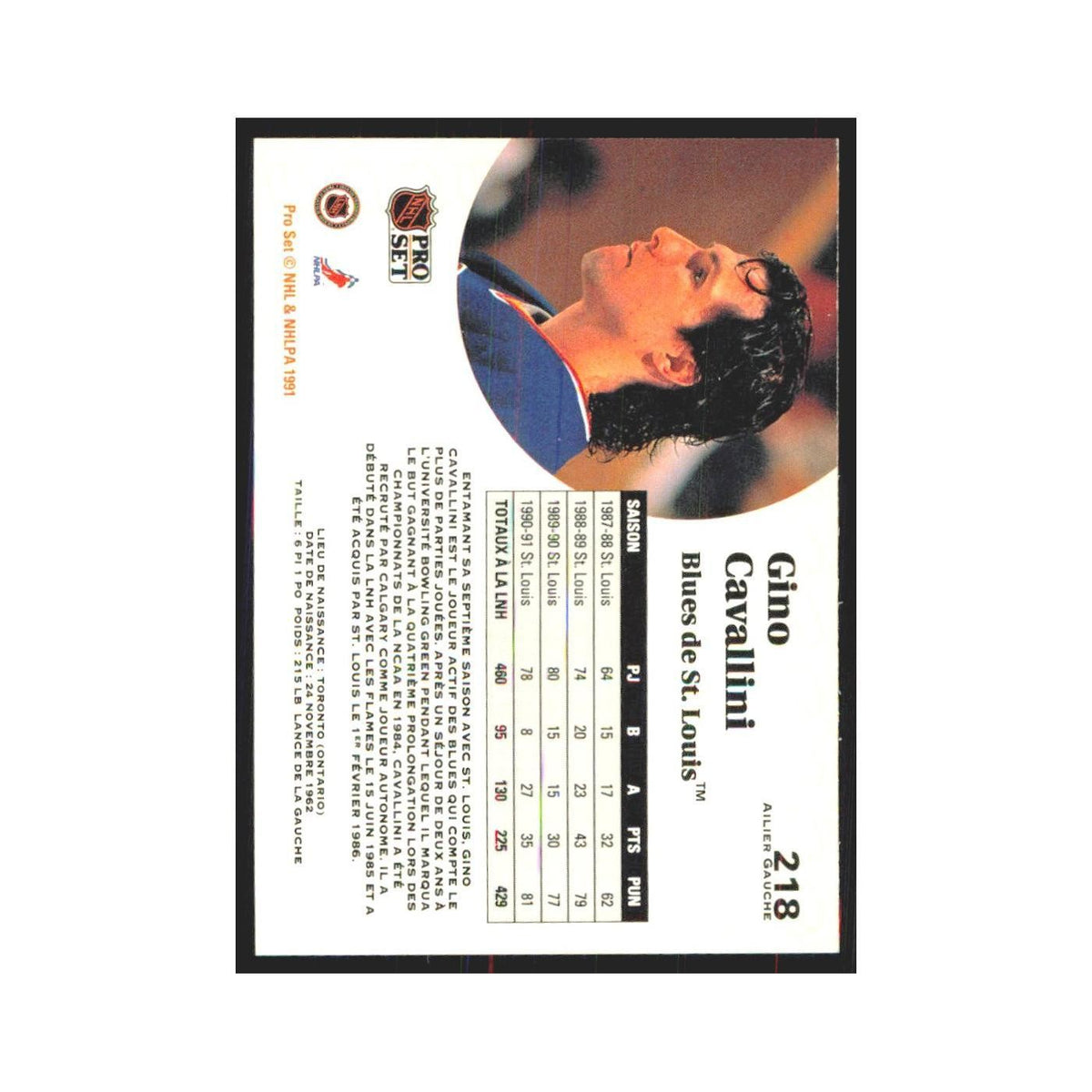 1991 Pro Set Gino Cavallini St. Louis Blues #218