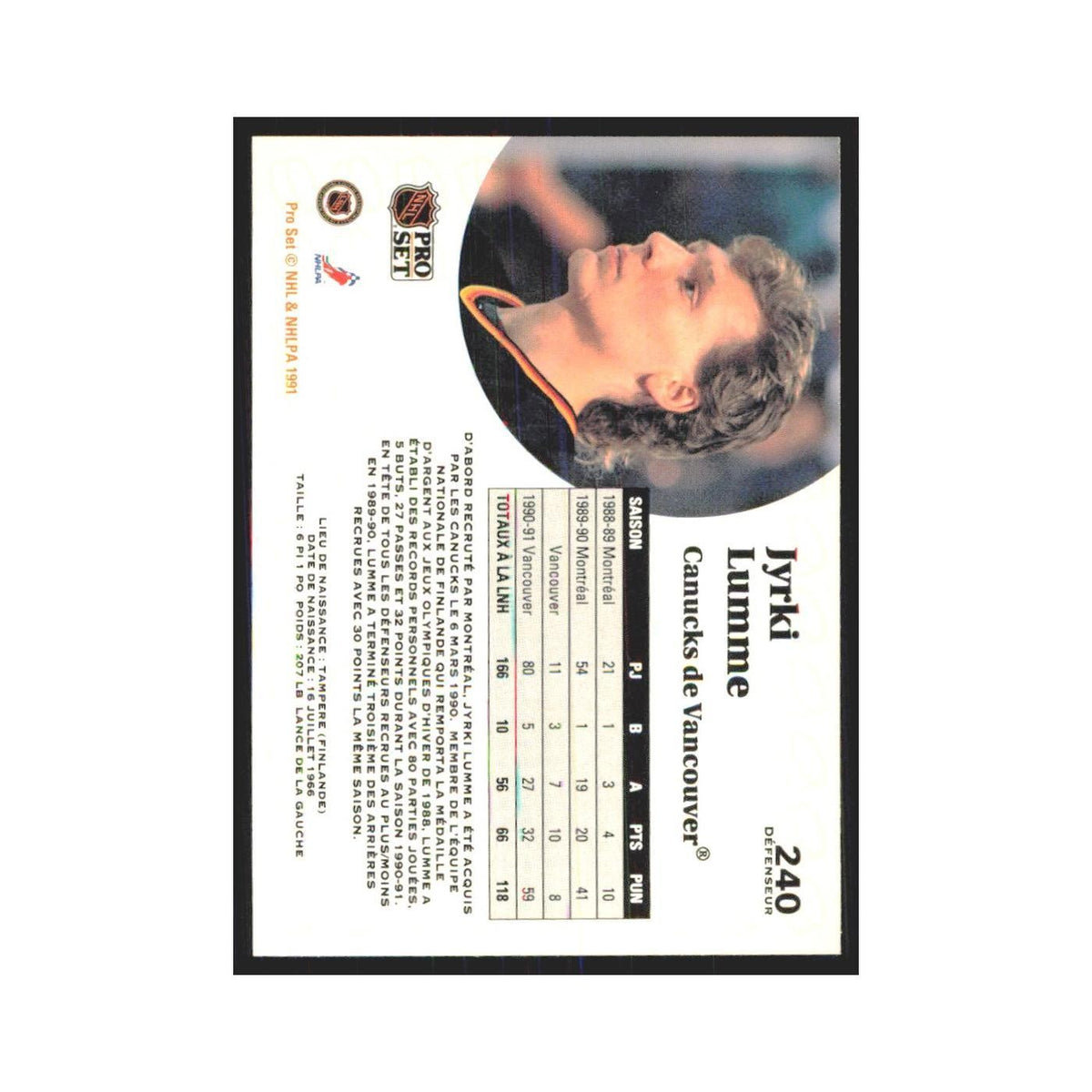 1991 Pro Set Jyrki Lumme Vancouver Canucks #240