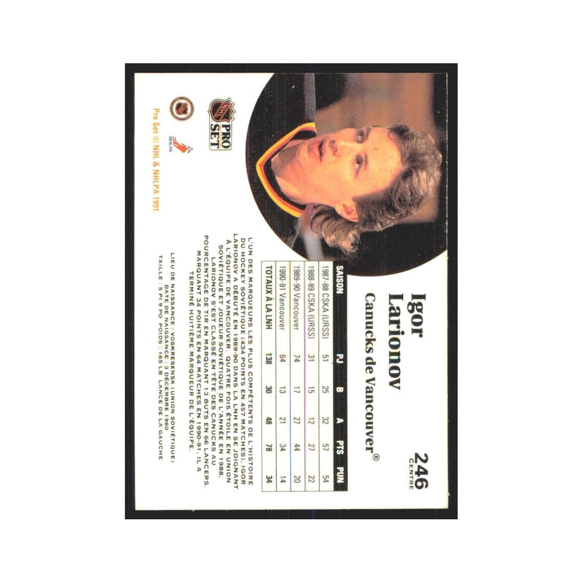 1991 Pro Set Igor Larionov Vancouver Canucks #246