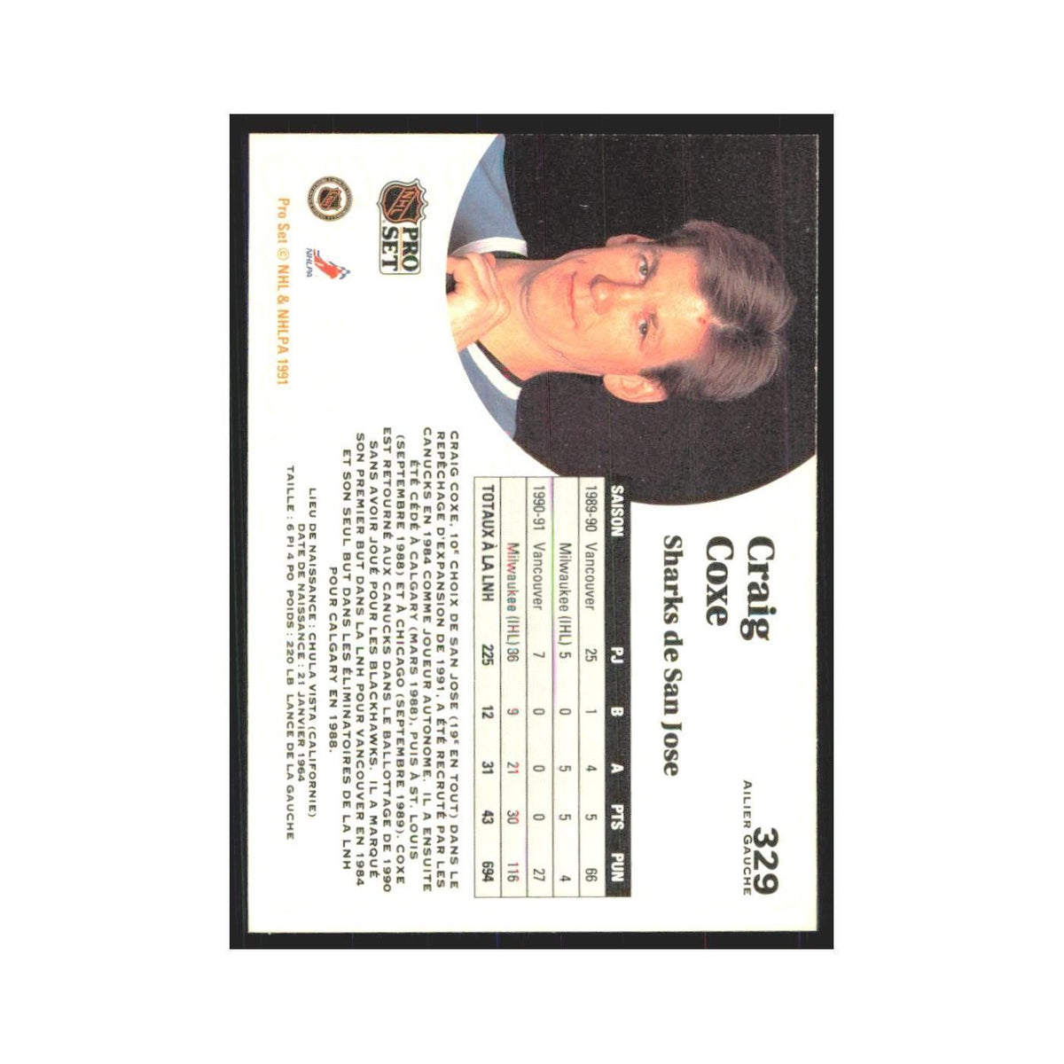 1991 Pro Set Craig Coxe San Jose Sharks #329