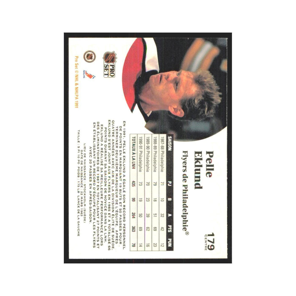 1991 Pro Set Pelle Eklund Philadelphia Flyers #179
