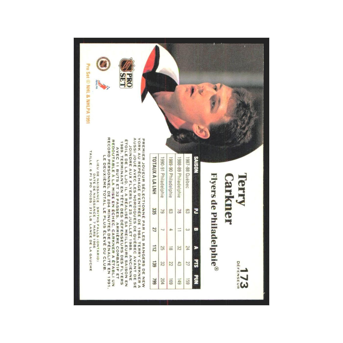 1991 Pro Set Terry Carkner Philadelphia Flyers #173